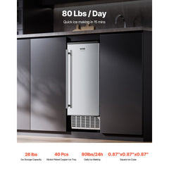 VEVOR Undercounter Built-in Ice Maker, 80 Lbs/Day Under Counter Ice Maker Machine with Reversible Door Stainless Steel