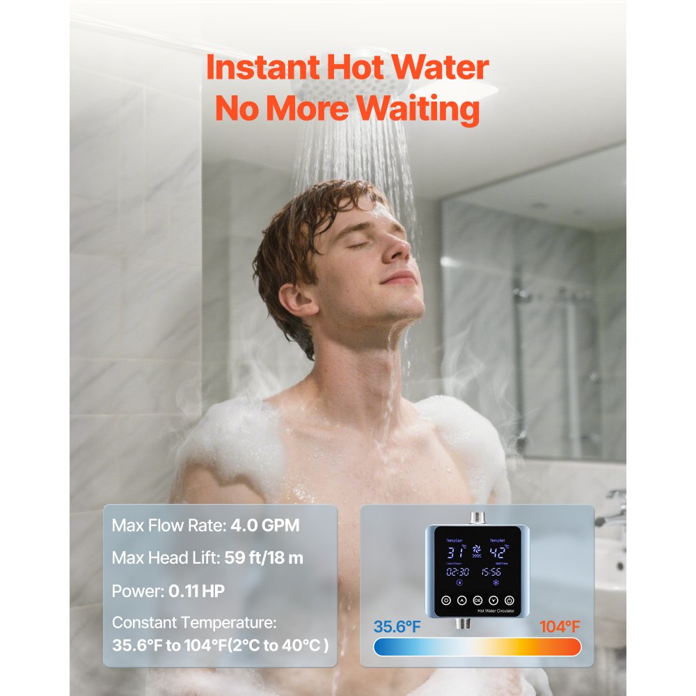 VEVOR Digital Smart Instant Hot Water Recirculating Pump Kit, with Built-in Thermostat, Timer, Digital Screen, Under