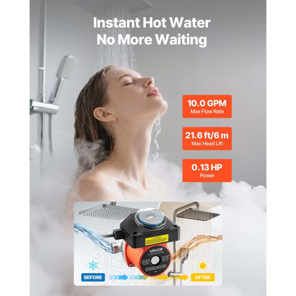 VEVOR Hot Water Recirculating Pump, with Bypass Valve, Instant Recirculation Pump Kit with Timer, Adapter, Circulation