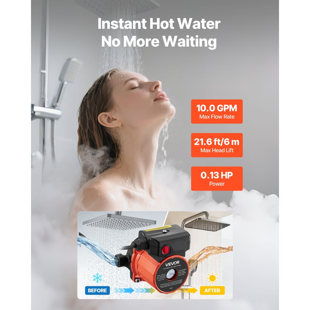 VEVOR Hot Water Recirculating Pump, 10 GPM, Instant Circulation Circulator Pump System, 3-Speed Control, 0.13 HP