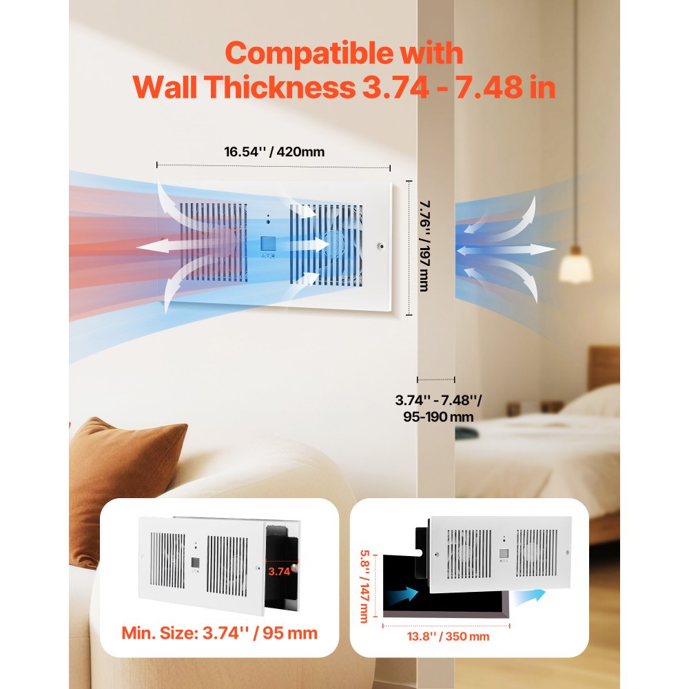 VEVOR 4-Inch Room to Room Fan, 2-in-1 300 CFM Through Wall Fan with Remote Control & Temperature Control, 10-Speed