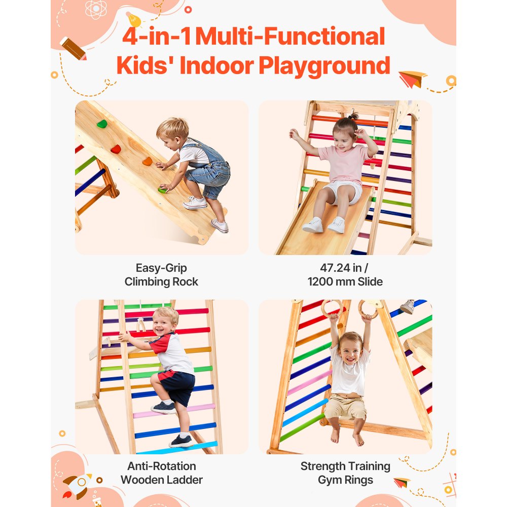 VEVOR Indoor Playground Jungle Gym, 4-in-1 Wooden Indoor Playground Playset with Climbing Rock, Slide, Wooden Ladder &