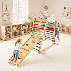 VEVOR Indoor Playground Jungle Gym, 4-in-1 Wooden Indoor Playground Playset with Climbing Rock, Slide, Wooden Ladder &