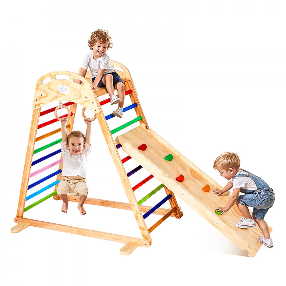 VEVOR Indoor Playground Jungle Gym, 4-in-1 Wooden Indoor Playground Playset with Climbing Rock, Slide, Wooden Ladder &