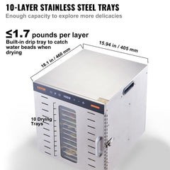 VEVOR Food Dehydrator Machine, 10 Stainless Steel Trays, 1000W Electric Food Dryer with Digital Adjustable Timer &
