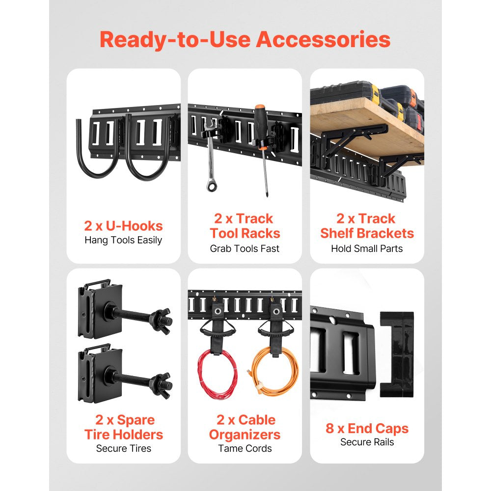 VEVOR E-Track Tie-Down Rail Kit, 4 Pack 1.3 ft E Track Rails, 2 U-Shaped Hooks, 2 Tool Holders, 2 Track Shelf Brackets