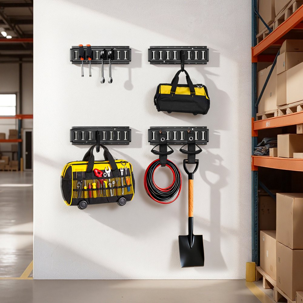 VEVOR E-Track Tie-Down Rail Kit, 4 Pack 1.3 ft E Track Rails, 2 U-Shaped Hooks, 2 Tool Holders, 2 Track Shelf Brackets