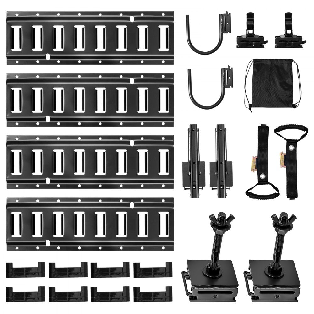 VEVOR E-Track Tie-Down Rail Kit, 4 Pack 1.3 ft E Track Rails, 2 U-Shaped Hooks, 2 Tool Holders, 2 Track Shelf Brackets