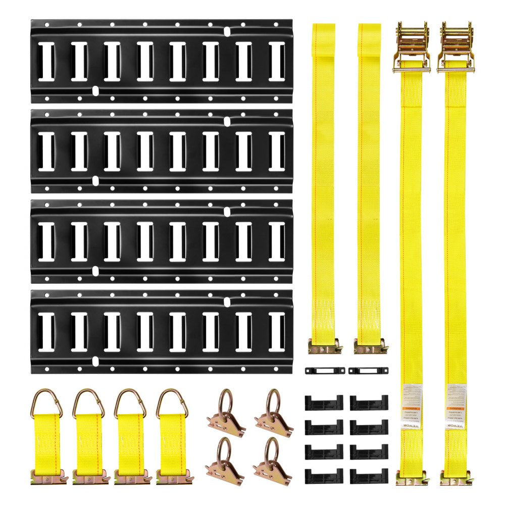 VEVOR E-Track Tie-Down Rail Kit, 4 Pack 1.3 ft E Tracks Set, 21 Pcs Includes 2 Ratchet Straps & 4 O-Rings & 4 Tie-Offs