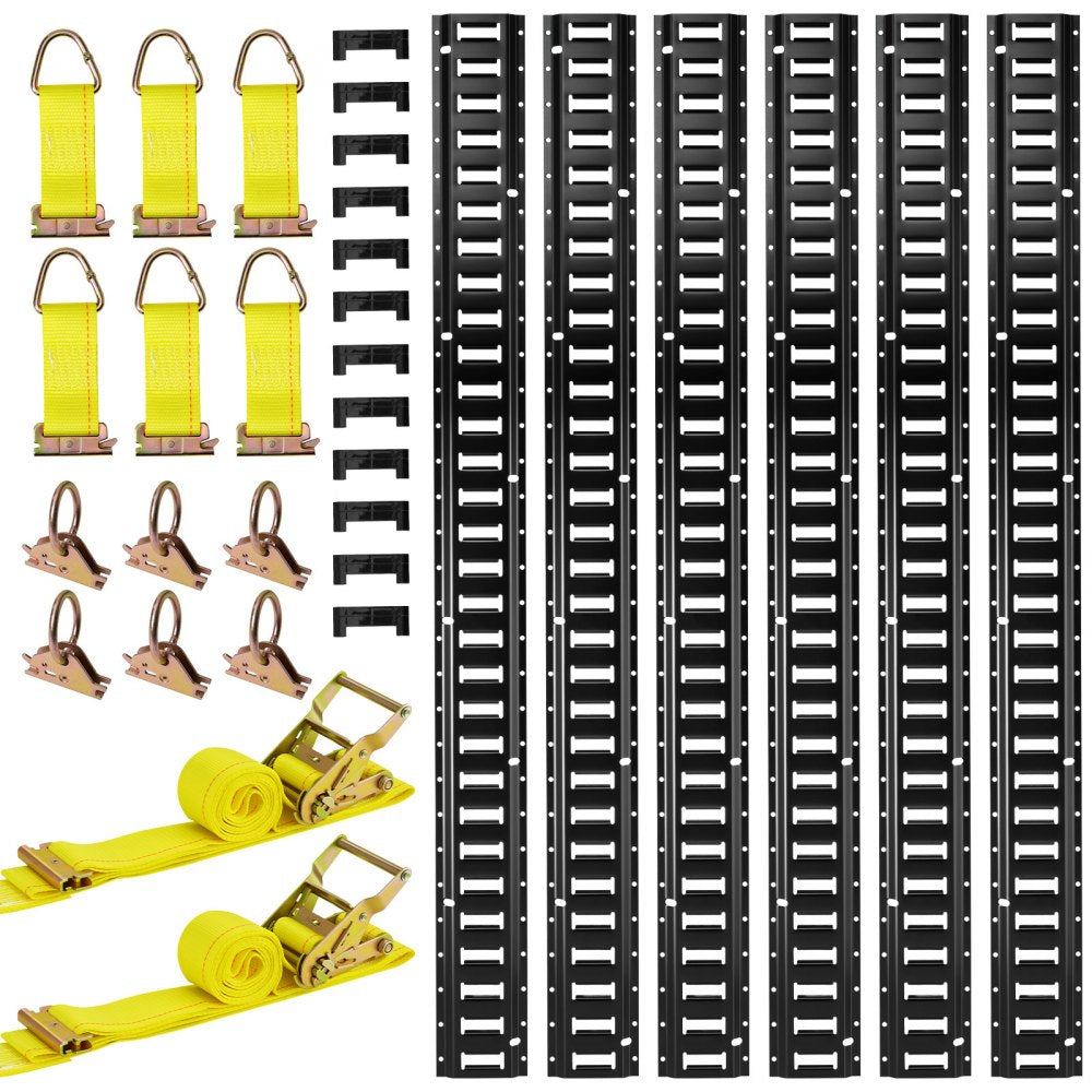 VEVOR E-Track Tie-Down Rail Kit, 6 Pack 5 ft E Track Rails, 26 Pcs Includes 2 Ratchet Straps & 6 O-Rings & 6 Tie-Offs