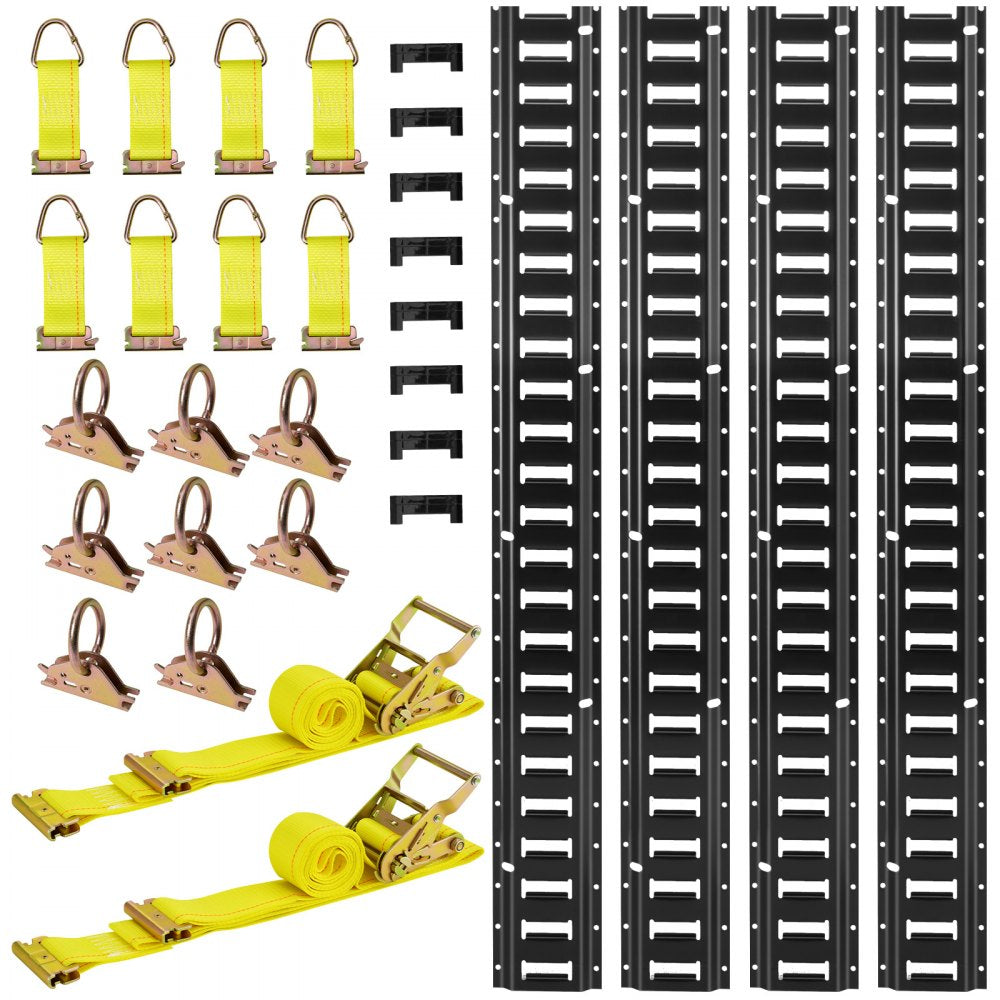 VEVOR E-Track Tie-Down Rail Kit, 4 Pack 7.7 ft E Track Rails, 26 Pcs Includes 2 Ratchet Straps & 8 O-Rings & 8 Tie-Offs