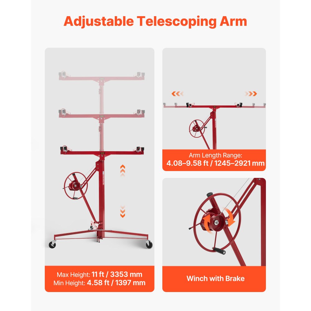 VEVOR 11ft Drywall Lift, Heavy-Duty 150 lbs Sheetrock Hoist with Adjustable Telescoping Arm, Lockable Wheels, Drywall