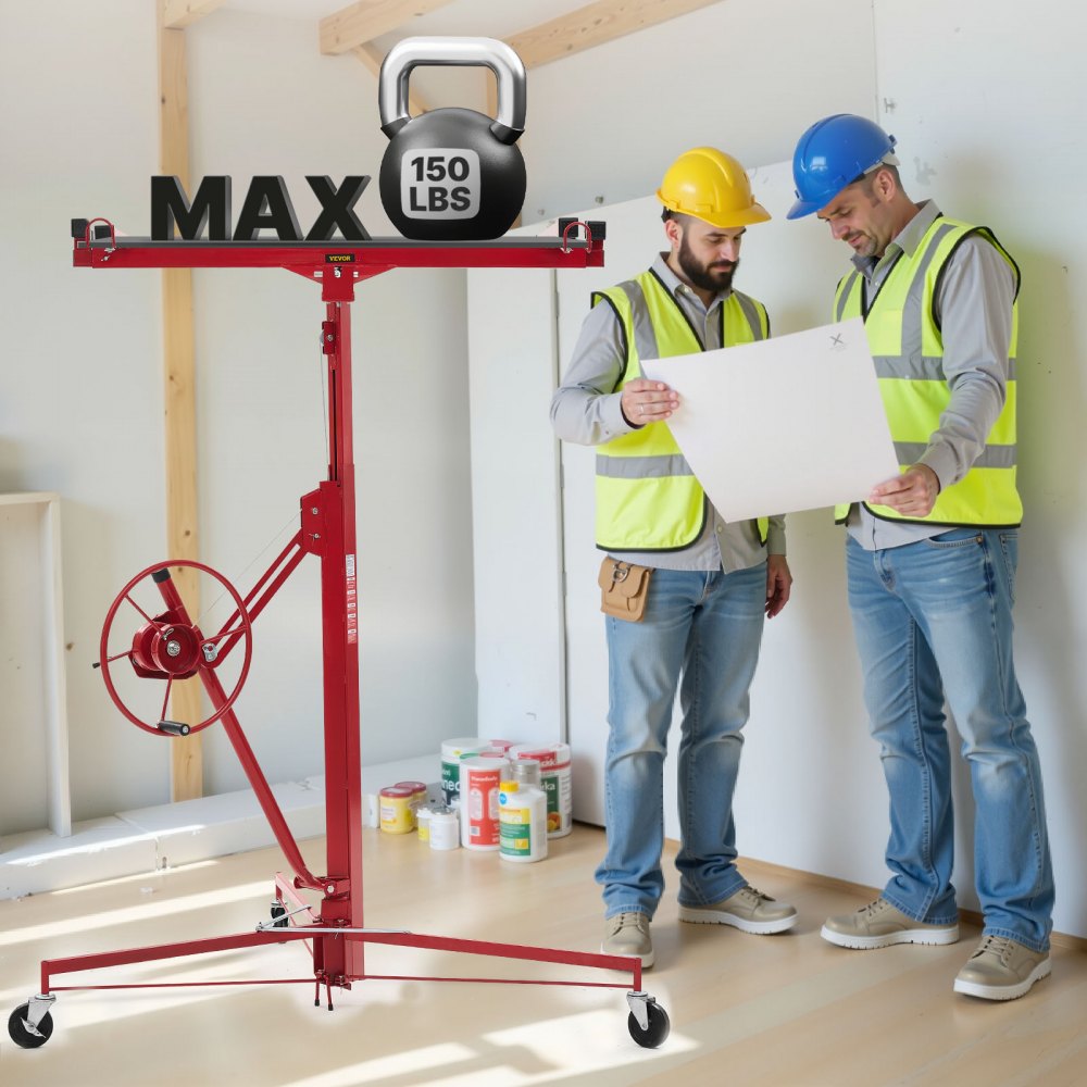 VEVOR 11ft Drywall Lift, Heavy-Duty 150 lbs Sheetrock Hoist with Adjustable Telescoping Arm, Lockable Wheels, Drywall