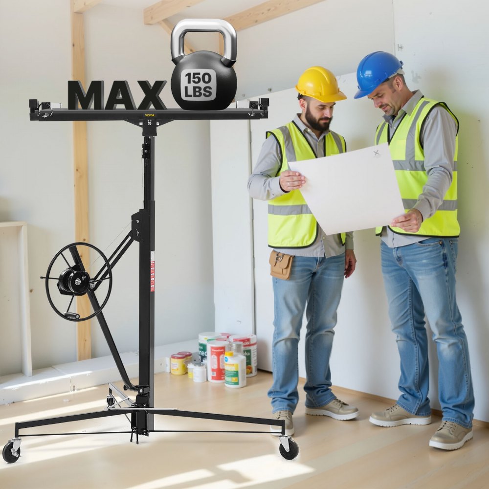 VEVOR 11ft Drywall Lift, Heavy-Duty 150 lbs Sheetrock Hoist with Adjustable Telescoping Arm, Lockable Wheels, Drywall