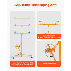 VEVOR 16ft Drywall Lift, Heavy-Duty 150 lbs Sheetrock Hoist with Adjustable Telescoping Arm, Lockable Wheels, Drywall