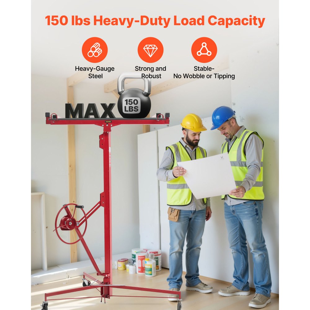 VEVOR 16ft Drywall Lift, Heavy-Duty 150 lbs Sheetrock Hoist with Adjustable Telescoping Arm, Lockable Wheels, Drywall