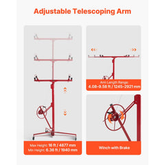 VEVOR 16ft Drywall Lift, Heavy-Duty 150 lbs Sheetrock Hoist with Adjustable Telescoping Arm, Lockable Wheels, Drywall