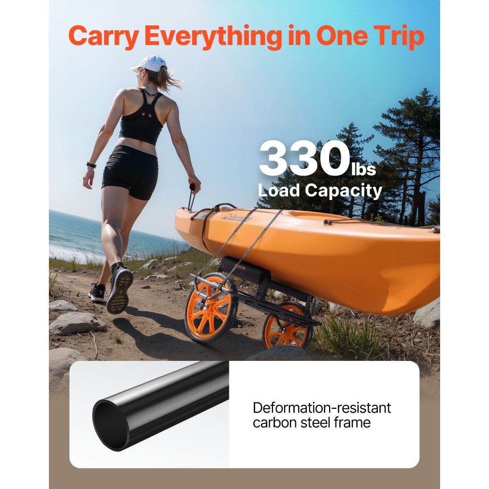 VEVOR Kayak Cart, 330 lbs Load Capacity, Canoe Cart Dolly with 15-inch Solid Rubber Tires & Kickstand, Assembles &