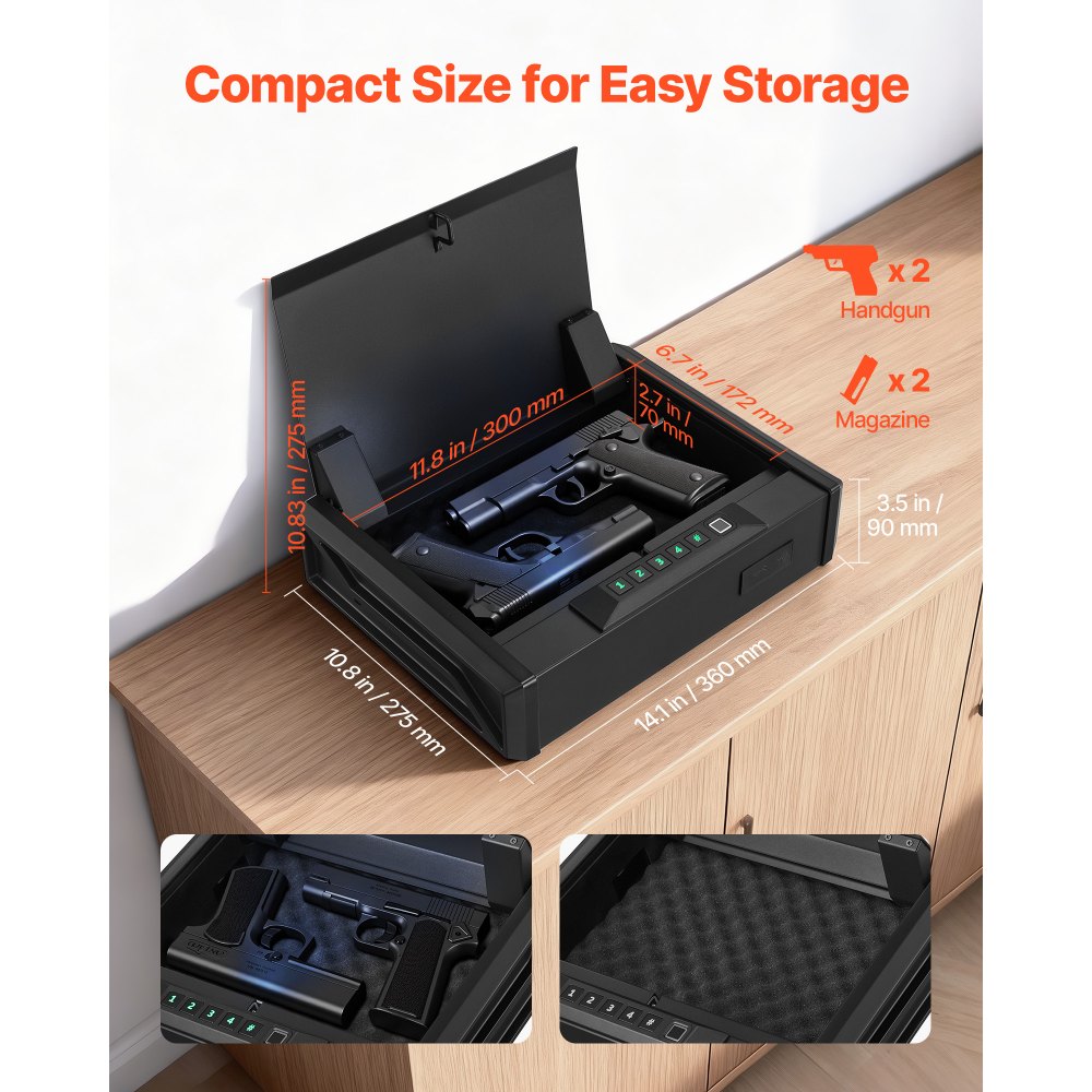 VEVOR Gun Safe, Heavy Duty Handgun Safe with Fingerprint/Password/Key, 3-Way Quick Access Firearm Case Box with