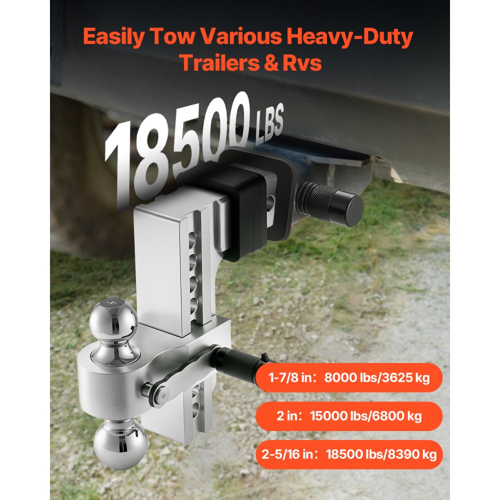 VEVOR Adjustable Trailer Hitch, 8-Inch Drop Hitch, Tri-Ball Mount for 2.5-Inch Hitch Receiver, Trailer Ball Size