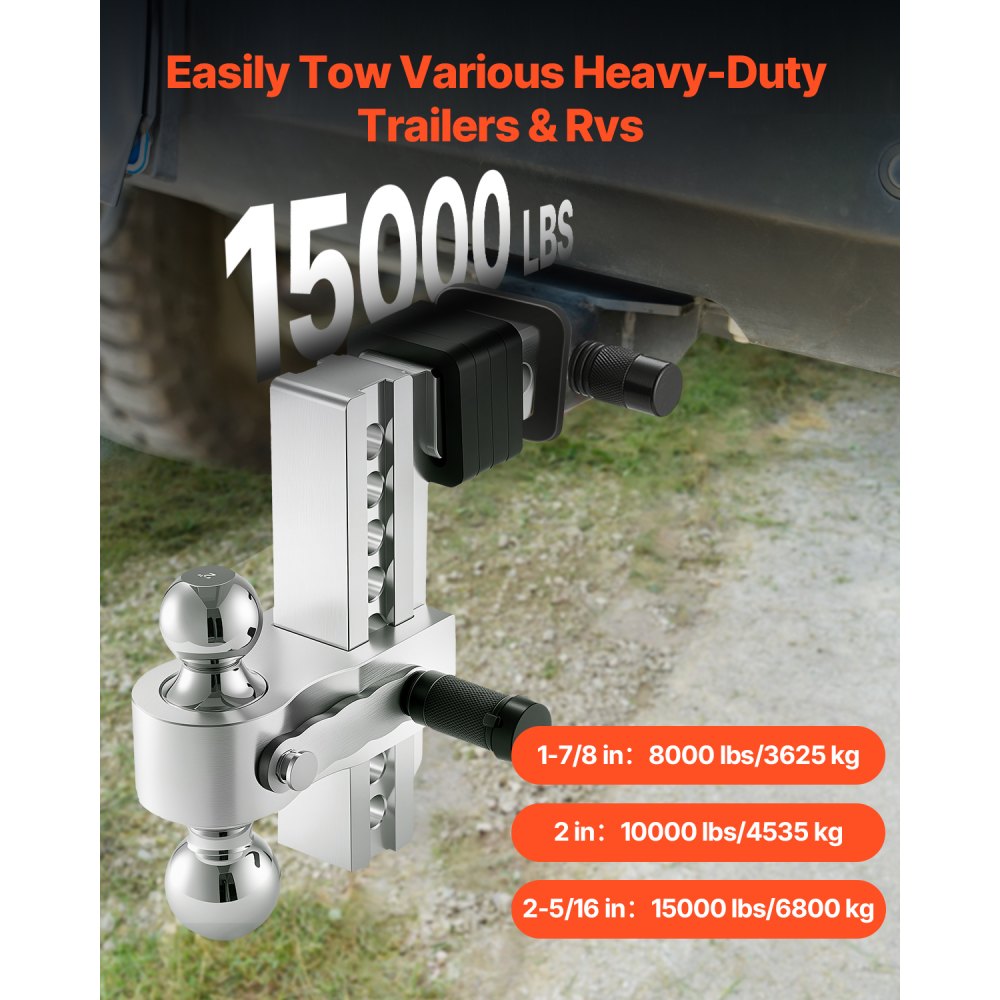 VEVOR Adjustable Trailer Hitch, 8-Inch Drop Hitch, Tri-Ball Mount for 2-Inch Hitch Receiver, Trailer Ball Size 1-7/8"