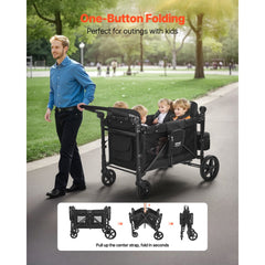 VEVOR Wagon Stroller for 4 Kids, Push Pull Quad Collapsible Stroller with Adjustable Handle, 5-Point Safety Harness &