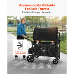 VEVOR Wagon Stroller for 4 Kids, Push Pull Quad Collapsible Stroller with Adjustable Handle, 5-Point Safety Harness &