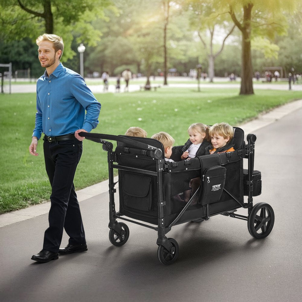 VEVOR Wagon Stroller for 4 Kids, Push Pull Quad Collapsible Stroller with Adjustable Handle, 5-Point Safety Harness &