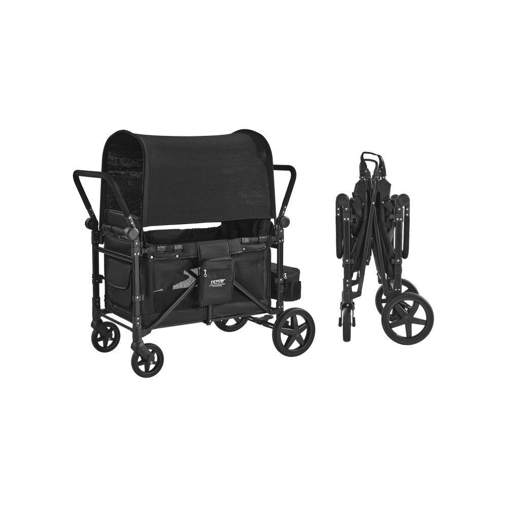 VEVOR Wagon Stroller for 4 Kids, Push Pull Quad Collapsible Stroller with Adjustable Handle, 5-Point Safety Harness &