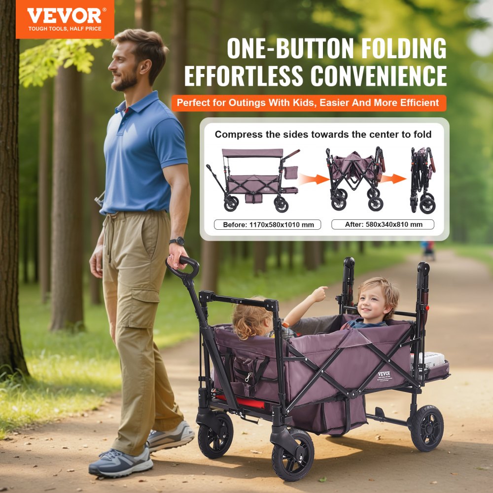 VEVOR Wagon Stroller for 2 Kids, Push Pull Quad Collapsible Stroller with Adjustable Handle, Encircling Harness