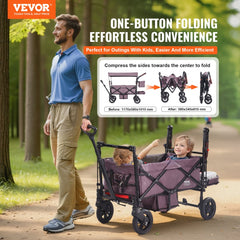 VEVOR Wagon Stroller for 2 Kids, Push Pull Quad Collapsible Stroller with Adjustable Handle, Encircling Harness