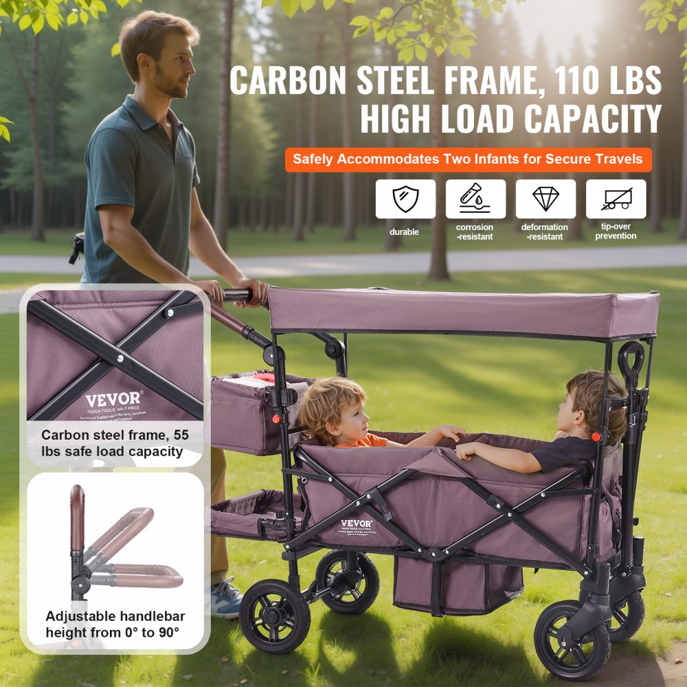 VEVOR Wagon Stroller for 2 Kids, Push Pull Quad Collapsible Stroller with Adjustable Handle, Encircling Harness