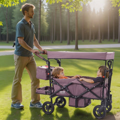 VEVOR Wagon Stroller for 2 Kids, Push Pull Quad Collapsible Stroller with Adjustable Handle, Encircling Harness