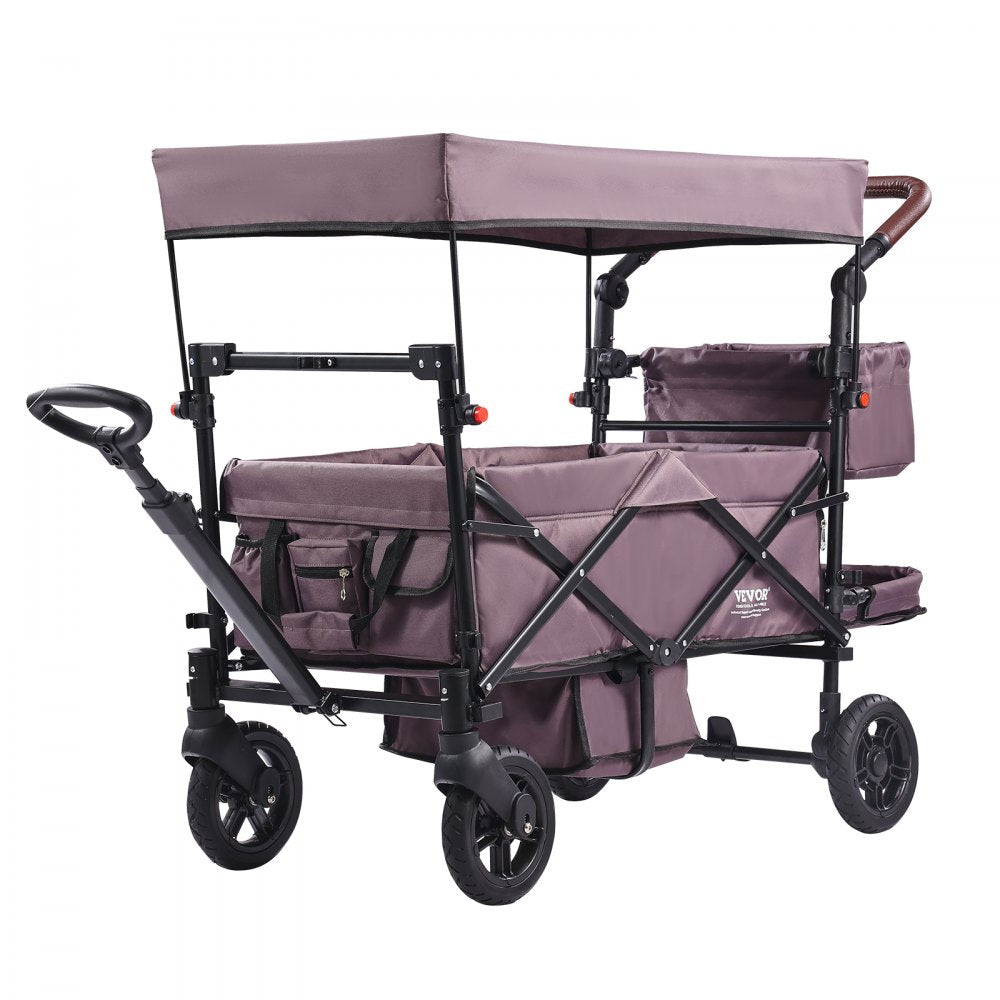 VEVOR Wagon Stroller for 2 Kids, Push Pull Quad Collapsible Stroller with Adjustable Handle, Encircling Harness
