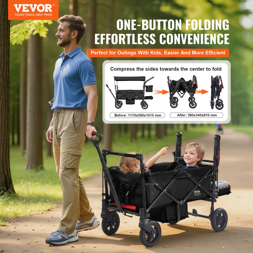 VEVOR Wagon Stroller for 2 Kids, Push Pull Quad Collapsible Stroller with Adjustable Handle, Encircling Harness