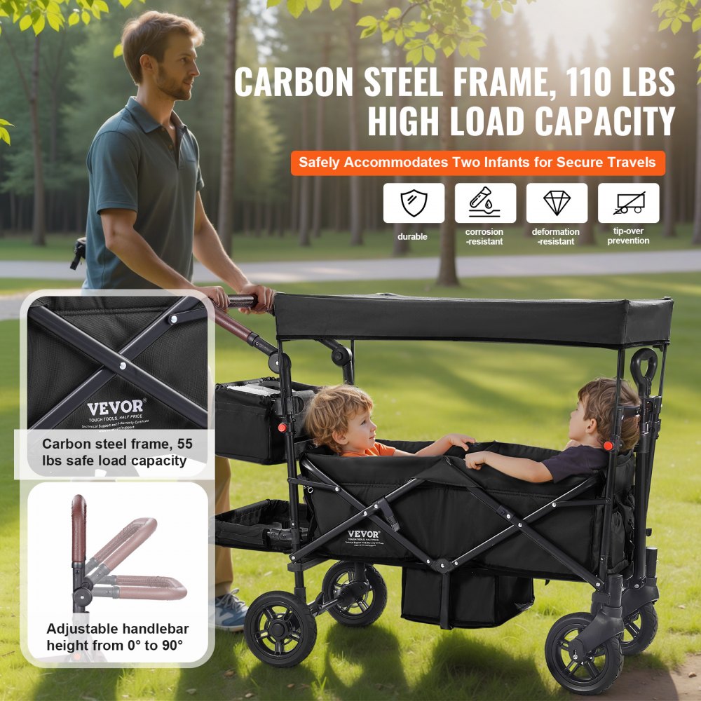 VEVOR Wagon Stroller for 2 Kids, Push Pull Quad Collapsible Stroller with Adjustable Handle, Encircling Harness