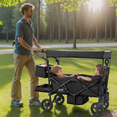 VEVOR Wagon Stroller for 2 Kids, Push Pull Quad Collapsible Stroller with Adjustable Handle, Encircling Harness