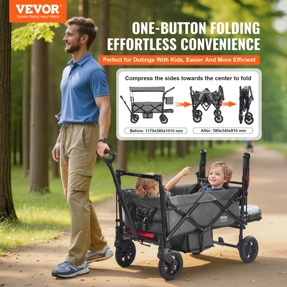 VEVOR Wagon Stroller for 2 Kids, Push Pull Quad Collapsible Stroller with Adjustable Handle, Encircling Harness