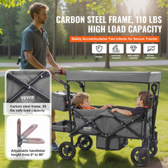 VEVOR Wagon Stroller for 2 Kids, Push Pull Quad Collapsible Stroller with Adjustable Handle, Encircling Harness