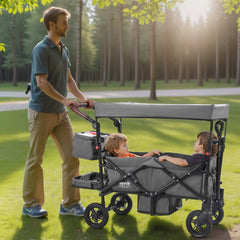 VEVOR Wagon Stroller for 2 Kids, Push Pull Quad Collapsible Stroller with Adjustable Handle, Encircling Harness