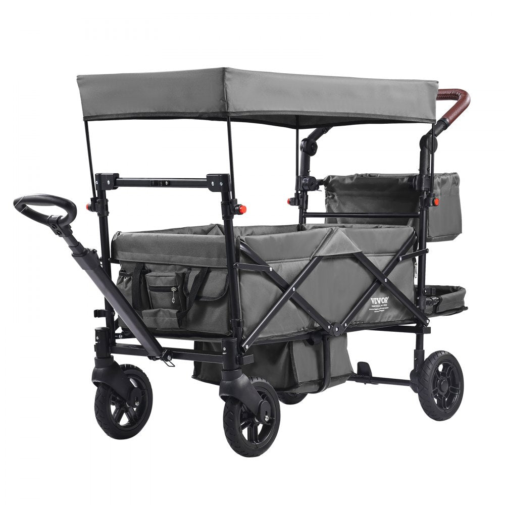 VEVOR Wagon Stroller for 2 Kids, Push Pull Quad Collapsible Stroller with Adjustable Handle, Encircling Harness