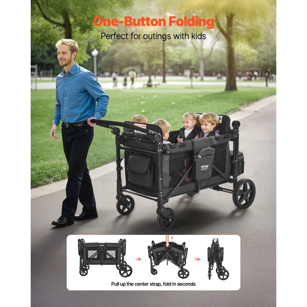 VEVOR Wagon Stroller for 4 Kids, Push Pull Quad Collapsible Stroller with Adjustable Handle, Safety Harness & Removable