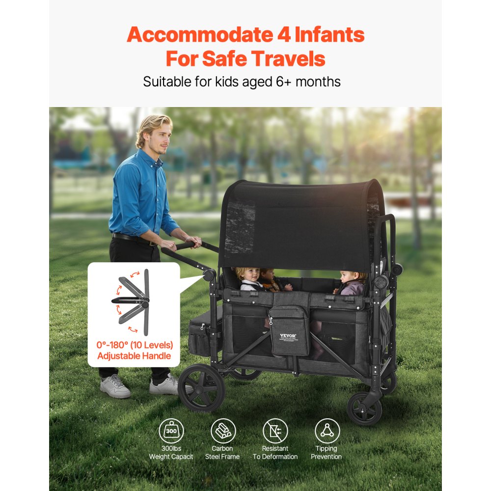 VEVOR Wagon Stroller for 4 Kids, Push Pull Quad Collapsible Stroller with Adjustable Handle, Safety Harness & Removable