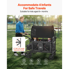 VEVOR Wagon Stroller for 4 Kids, Push Pull Quad Collapsible Stroller with Adjustable Handle, Safety Harness & Removable
