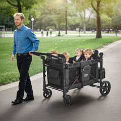 VEVOR Wagon Stroller for 4 Kids, Push Pull Quad Collapsible Stroller with Adjustable Handle, Safety Harness & Removable