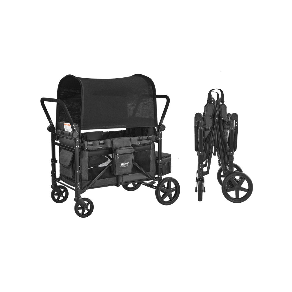 VEVOR Wagon Stroller for 4 Kids, Push Pull Quad Collapsible Stroller with Adjustable Handle, Safety Harness & Removable