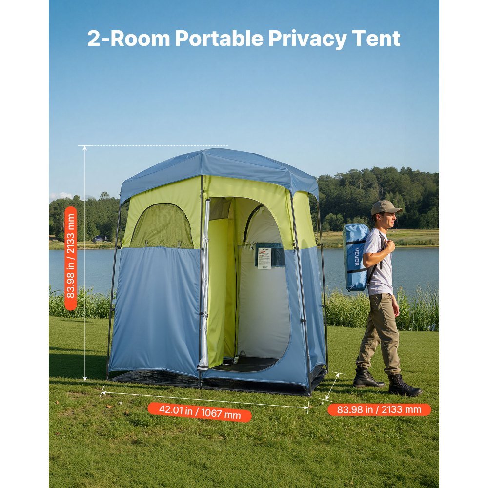 VEVOR Camping Shower Tent, 2-Room Portable Privacy Tent Changing Room with Shower Bag, Ground Stakes, Ropes, Carry Bag