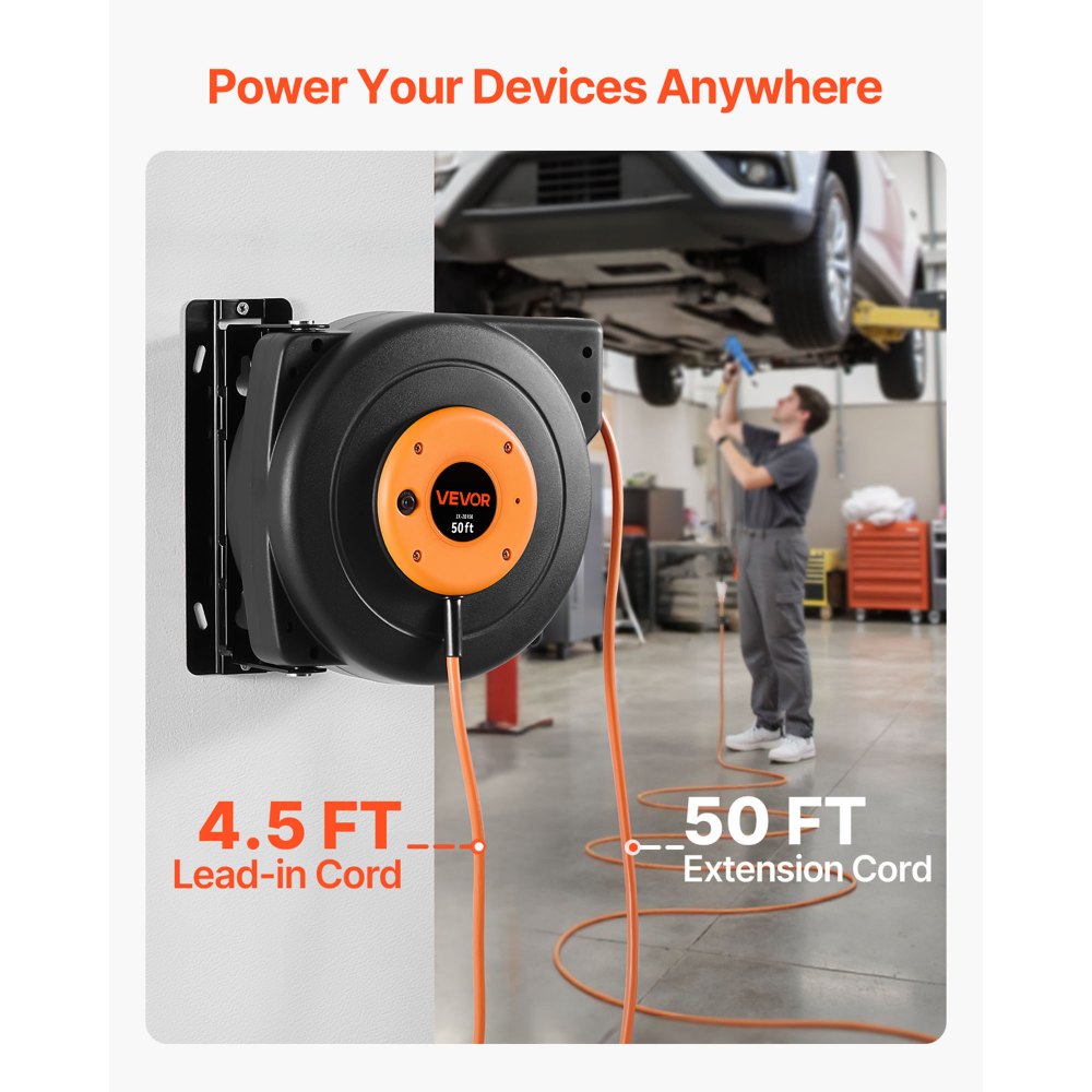 VEVOR 50ft Retractable Extension Cord Reel 14AWG/3CSJTOW Power Cord Reel - 50 ft / Orange+Black