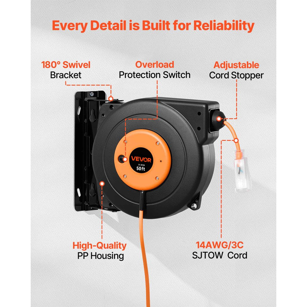 VEVOR 50ft Retractable Extension Cord Reel 14AWG/3CSJTOW Power Cord Reel - 50 ft / Orange+Black