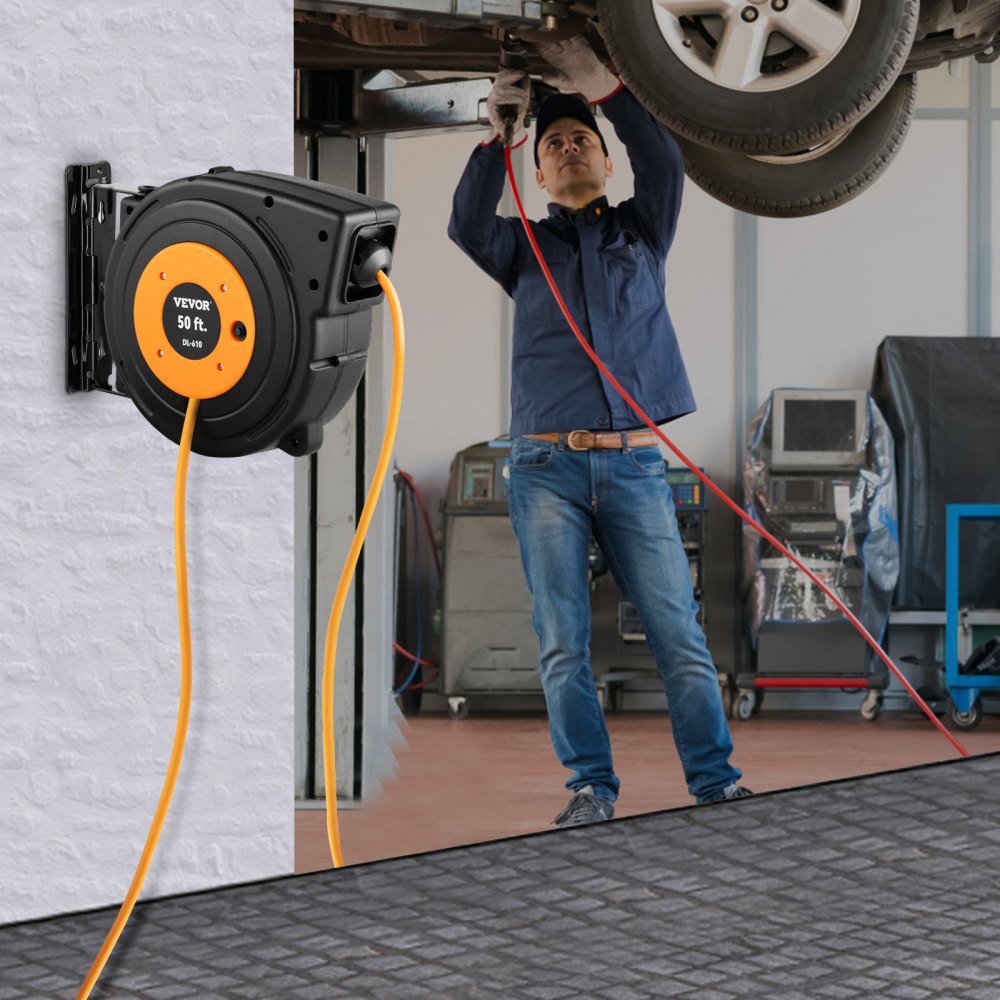 VEVOR 50ft Retractable Extension Cord Reel 14AWG/3CSJTOW Power Cord Reel - 50 ft / Orange+Black
